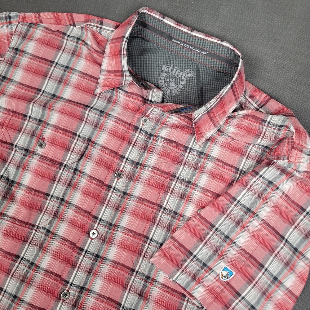 KUHL Eluxur Mens Large Plaid Short Sleeve Button Up Shirt Red Outdoor Hiking